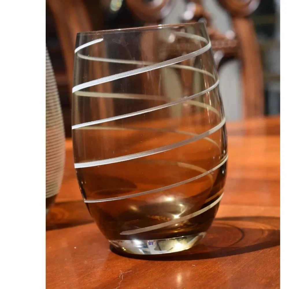 Set of 4 Mikasa Cheers Amber Etched Stemless Wine Glasses 17oz Dots Swirl Lines